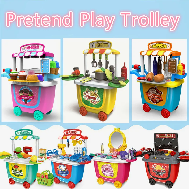 Children Pretend Play 34pcs/Set Trolley House Booth Educational Toy Super Funny Mini Role Play Toys Kitchen Workbench Bauble