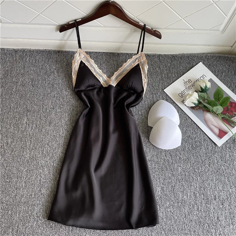 

Summer Women Sleepwear Backless Suspender Nightgown With Bra Thin Silk Satin Female Nightdress Home Wear Sexy Lace Lingerie