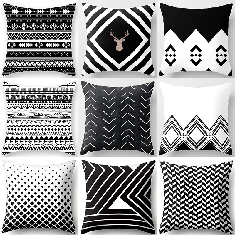 

Black White Classic Geometric Cushion Cover Polyester Decorative Pillows Sofa Cushions 45*45 Printed Decor Pillowcover 40525-1