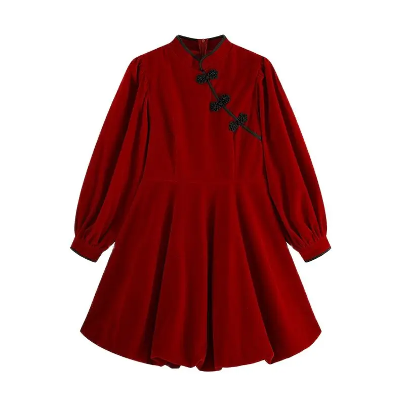 

Женское красное платье-Ципао в китайском стиле, милое винтажное элегантное мини-платье с пышными рукавами, воротником-стойкой и высокой тал...