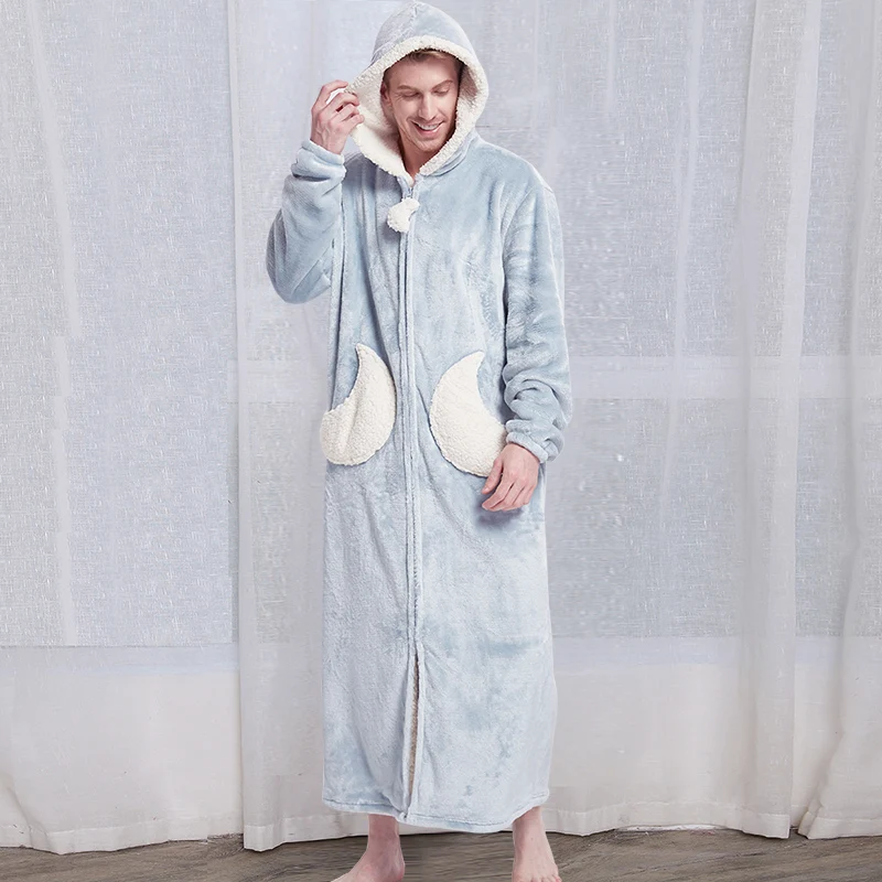 Men Moon Blue Женское длинное теплое Фланелевое кимоно больших размеров, банный халат с капюшоном и рисунком звезды и Луны, флисовый банный халат, милое Ночное платье, Мужская одежда для сна - Цвет: Men Moon Blue