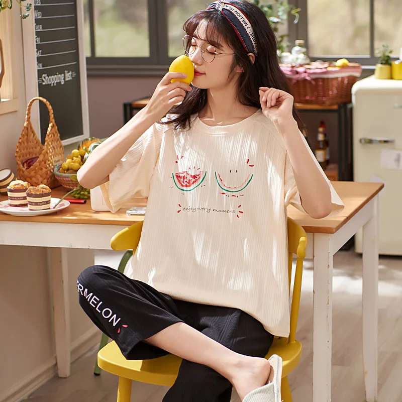 

New Pajamas Set Woman Cotton Short Sleeve Summer Fashion Leisure Household To Take Loose Big Yards Pyjamas Camisola Nightwear