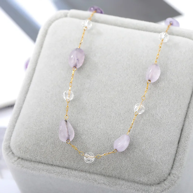 

Irregular Clear Stone Necklace Stainless Steel Link Chain Purple Color Transparent Pendant Necklace Wedding Party Gift For Women