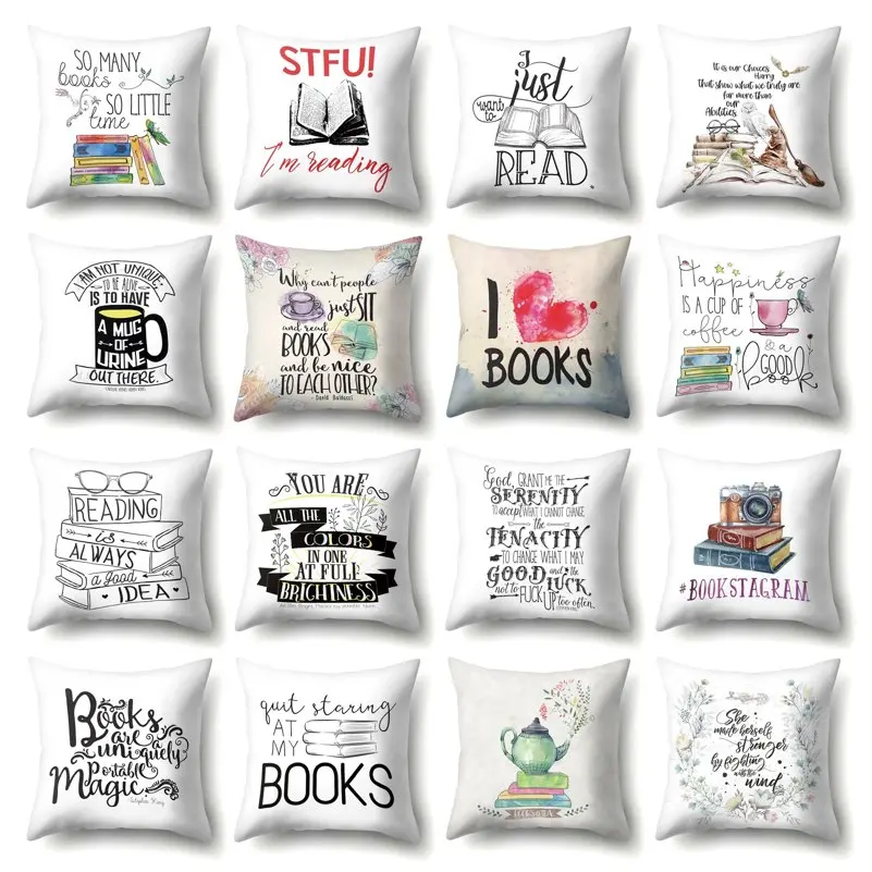 

Letters Cup Teapot Reading Book Cushion Cover Decorative Pillows Cover For Sofa Seat Soft Throw Pillow Case 45x45cm Home Decor