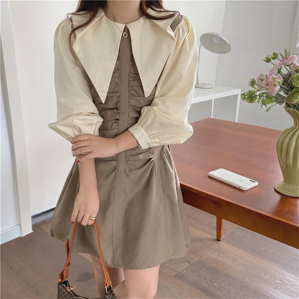 

대한민국 Chic Women Mid-Length A-Line Dress New 2021 Elegant All Match Hot Streetwear High Waist Patchwork OL Autumn Vestido