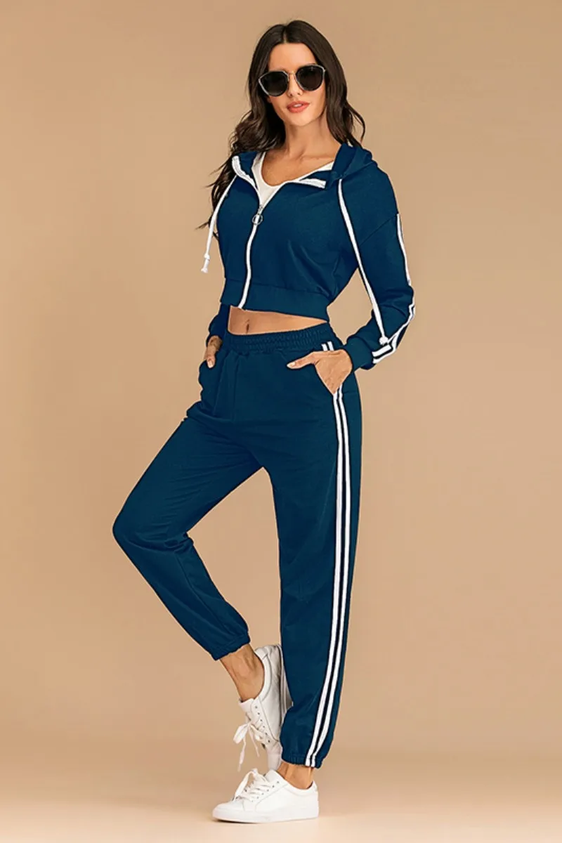 

Suit Women's Autumn And Winter Striped Short Hooded Sweater Casual Pants Two-piece Set Bts Sweatshirt Hoodies Sudadera Mujer New