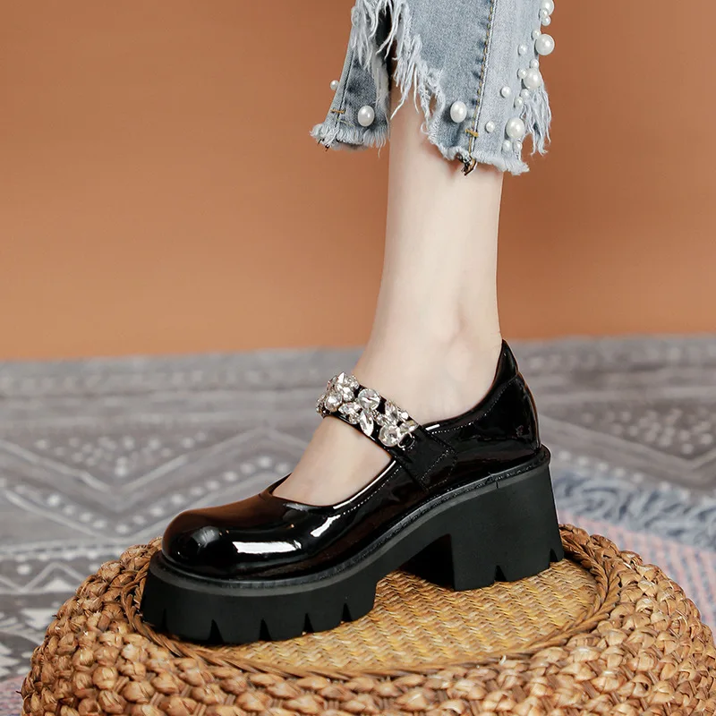 

Prowow British Style Womens Platform Mary Jane Luxury Rhinestones Buckle Strap Black Woman Leather Shoes Girls Fashion Pumps