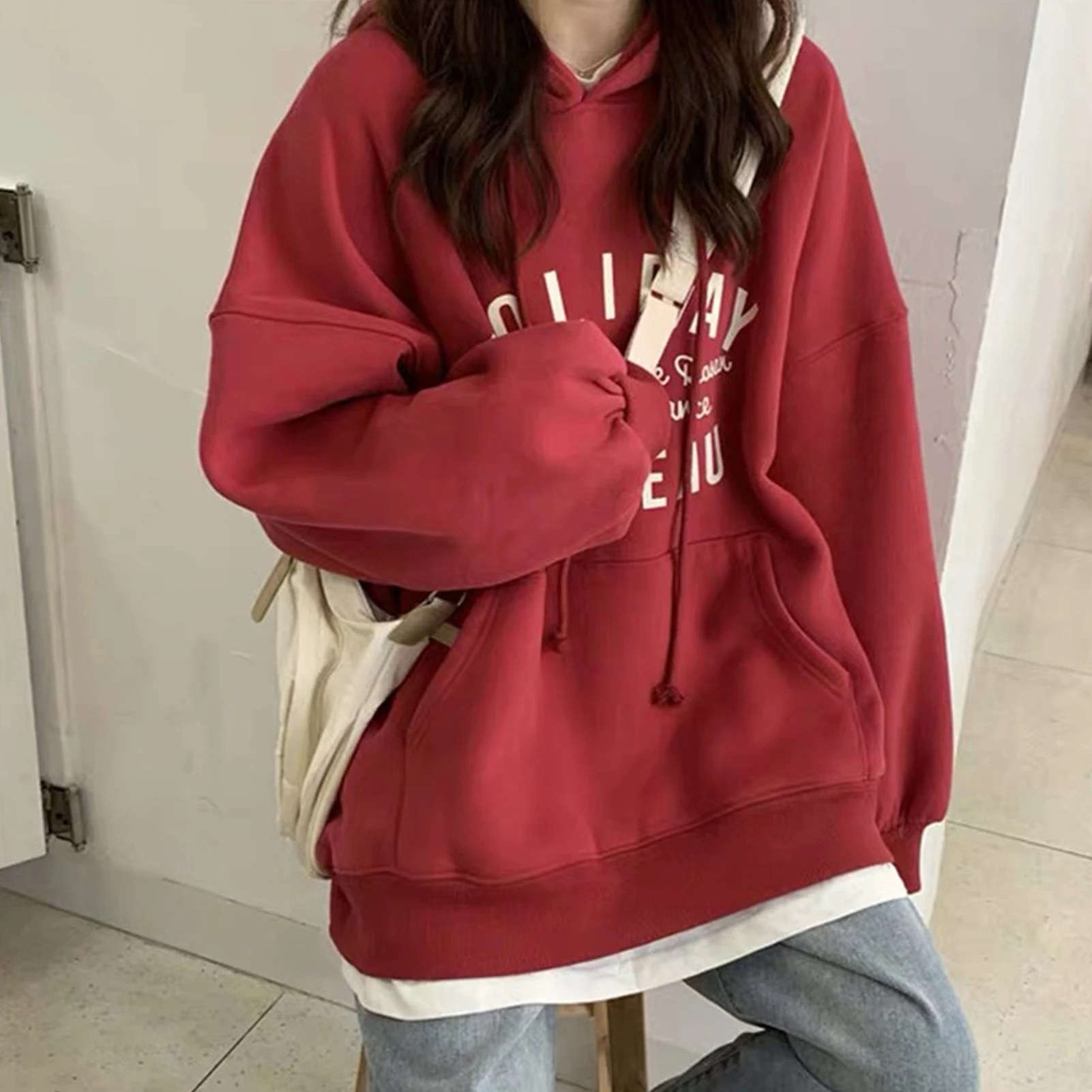Women Hoodies Autumn Winter Long Sleeve Letters Print Pocket Loose Hoodie Sweatshirt Blouse Ladies Soft Warm Oversize Pullovers
