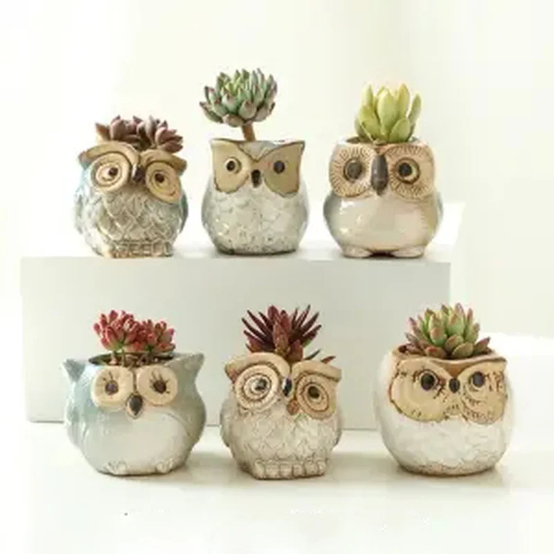 

6pcs/set Creative Garden Supplies Ceramic Flowerpots Miniature Model Cute Owl Succulent Flower Pot Planter Desktop Decorations