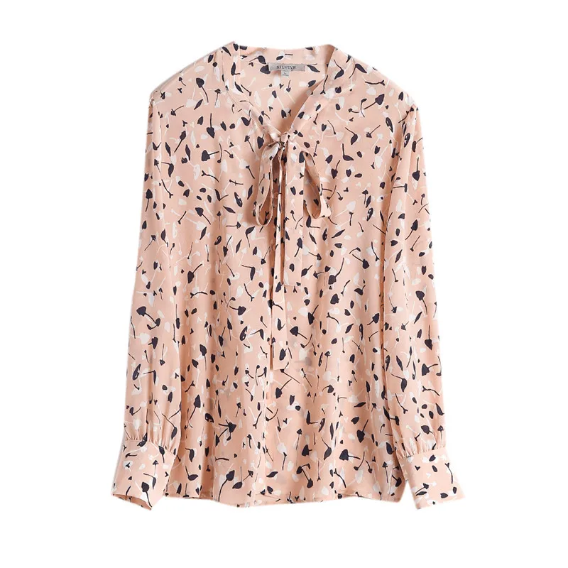 Silk department leads shirt bubble sleeve ribbon temperament mulberry silk shirt solid color blouse design sense niche autumn