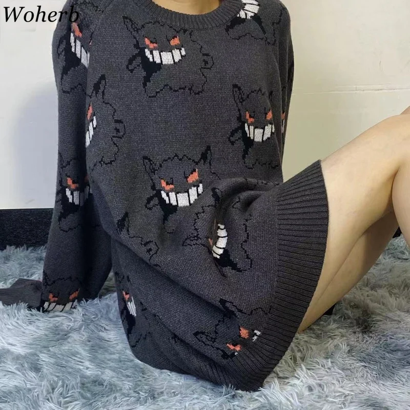 Свитер Woherb в стиле аниме Женский пуловер с узором Харадзюку Свободный теплый