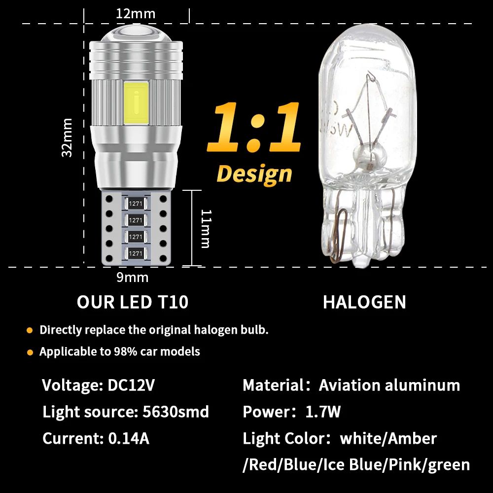 Светодиодная лампа Canbus T10 W5W 2 шт. без ошибок 12 В 6000K 5630 6SMD с клиновым цоколем |