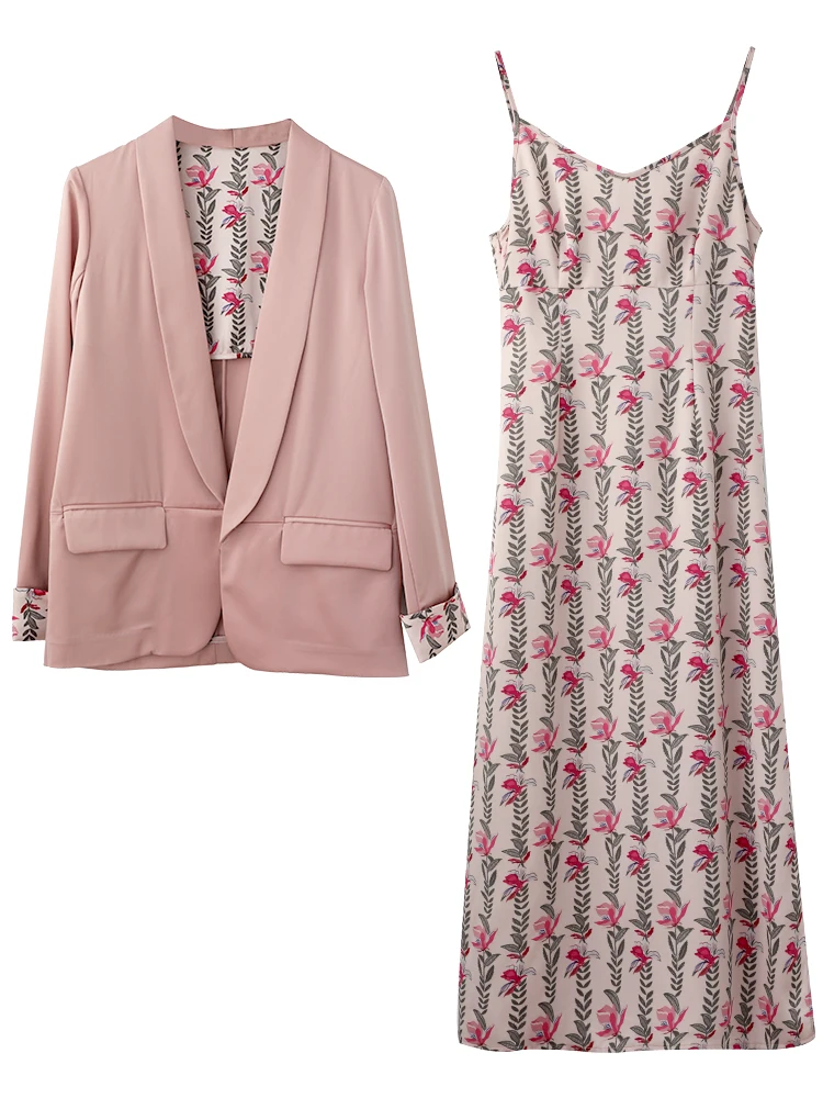 

Top Quality Blazer Sets 2020 Autumn Women Floral Print Patchwork Blazer Jacket+Spaghetti Strap Flower Print Midi Skirt Sets 2pc