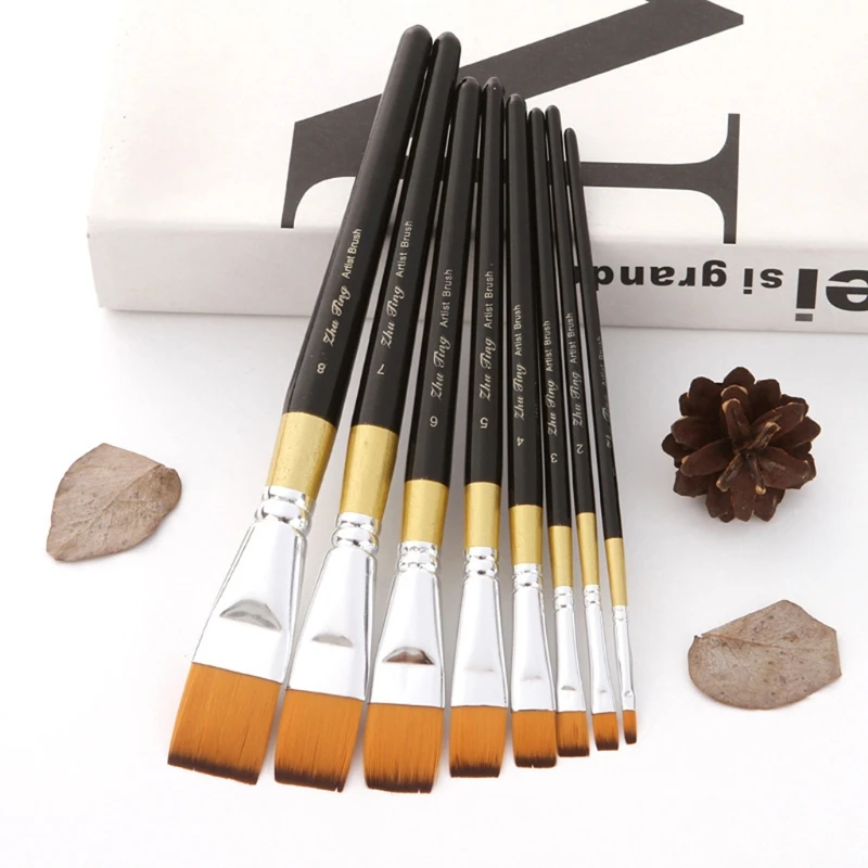 

652E 8pcs Watercolor Acrylic Oil Painting Brush Professional Flat Brushes Nylon Hair