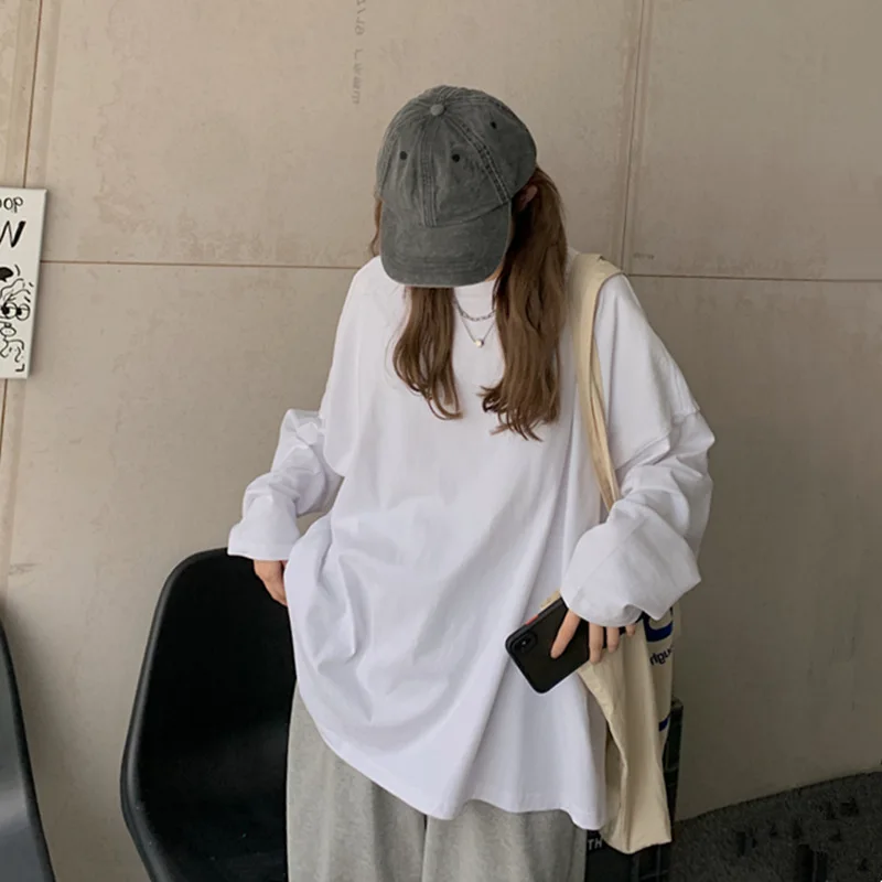 

Chic Loose Long Sleeve T-Shirt Women's Basic O-Neck Autumn Cotton Tee Shirt Ladies Solid Casual Oversize Tshirt New White Top