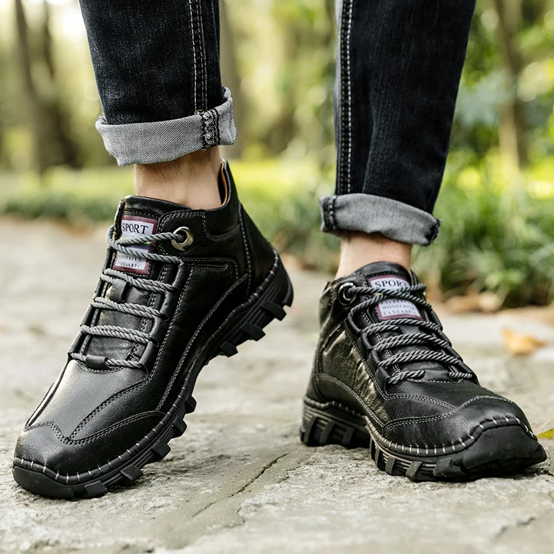 

Leather Autumn Winter Men Boots Outdoor lace up fashion Motorcycle Boots handmade sewing Ankle Boots Men's Shoes big size 48