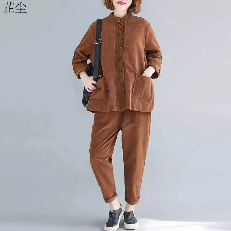 

Vintage 2 Piece Set Plus Size Corduroy Jackets Women 2019 Autumn Long Sleeve Cardigan Coats Outerwear And Long Corduroy Pants