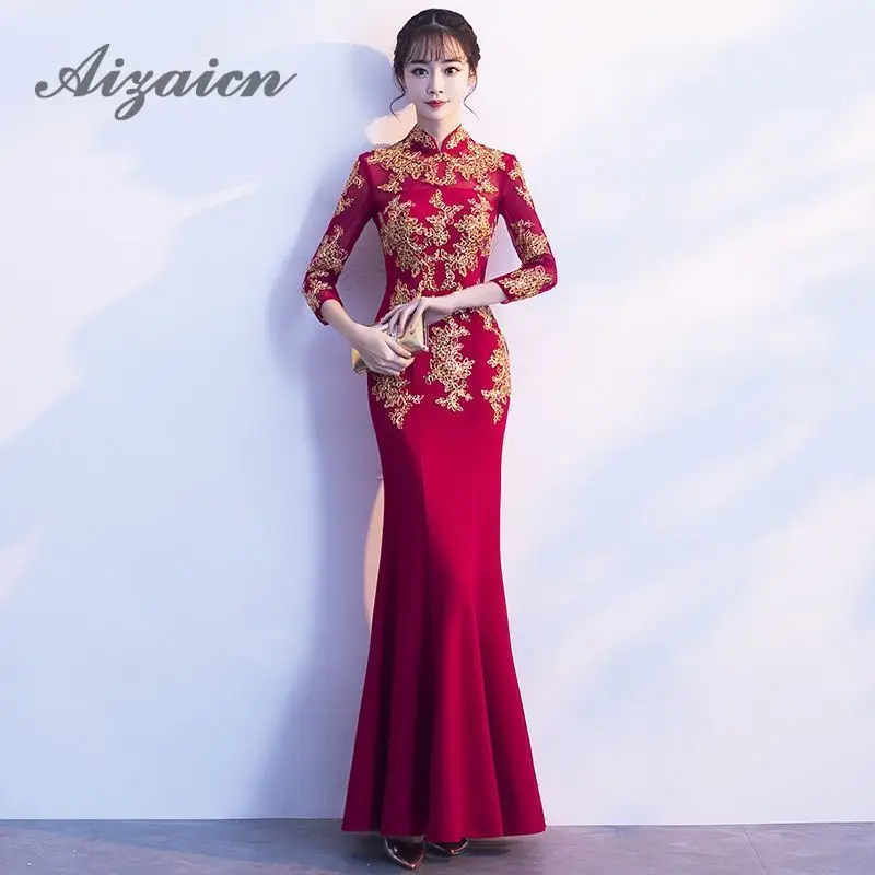 Red Mermaid Wedding Dress Elegant Traditional Evening Gown Cheongsam Dress Sexy Long Qipao Embroidery Bridesmaid Dresses Wine