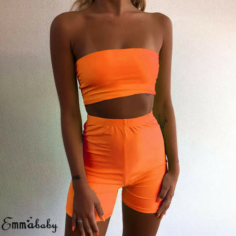 

Women Neon Summer 2 Piece Sets Female Gym Fitness Running Tracksuit Tube Top Bodycon Elastic Shorts Party Casual Summer Outfits