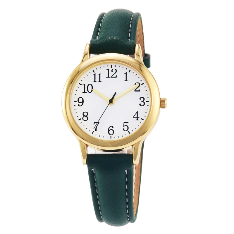 Peacock Green Элегантные женские часы с арабскими цифрами, карамельный цвет, ремешок, кожаный ремешок, Простой циферблат, Прямая поставка - Цвет: Peacock Green