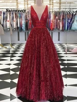 sparkly ball gown long prom dresses v neck open back burgundy sequins evening party dress prom gown