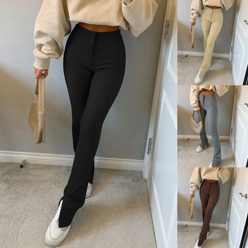 

Womens Elastic High Waist Skinny Long Pants Solid Color Side Split Hem Flare Trousers Elegant Stretch Slim Leggings Joggers K5DA