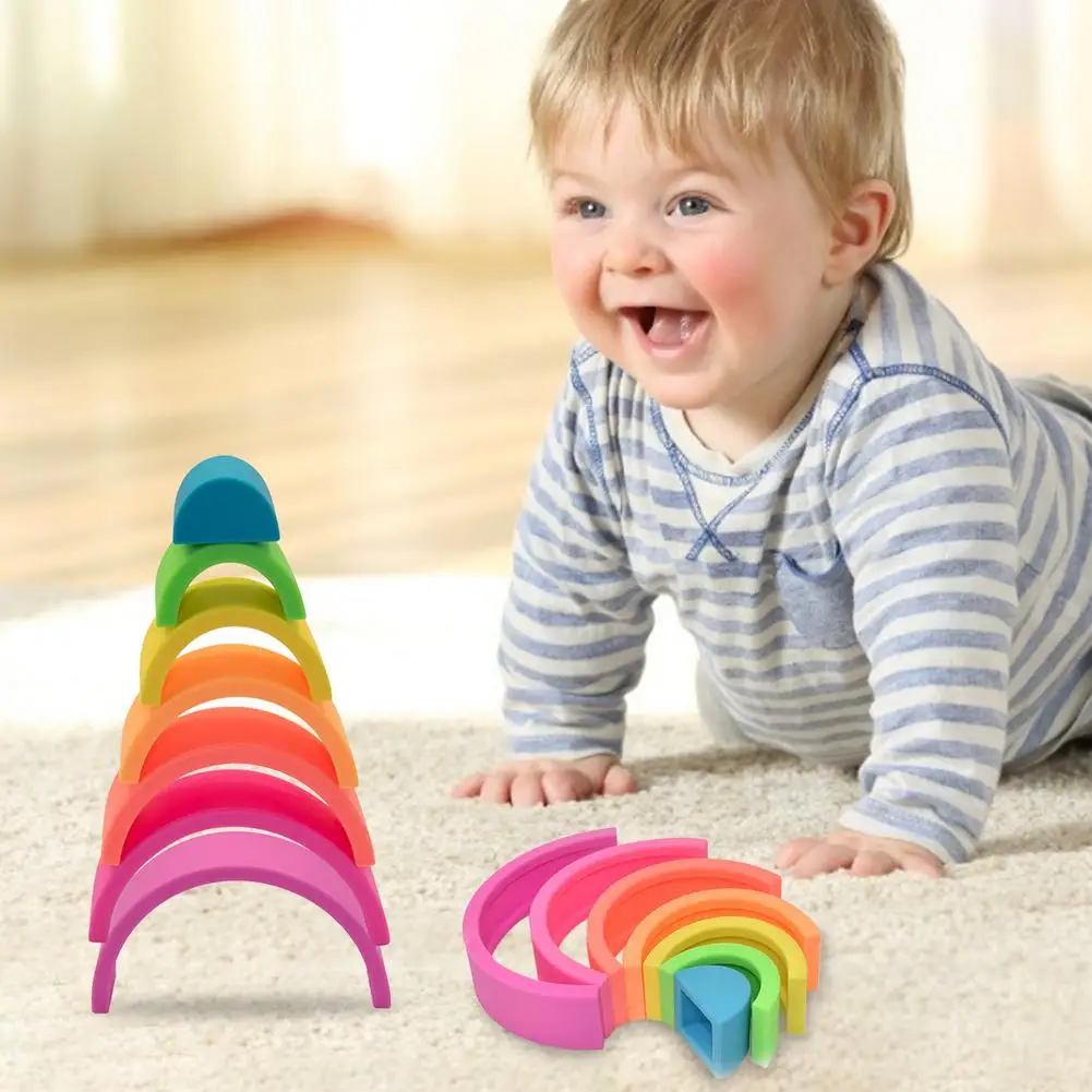 

2021 New Rainbow Silicone Baby Toys Montessori Rainbow Building Blocks Silicone Jengas Game Early Educational Toys for Kids