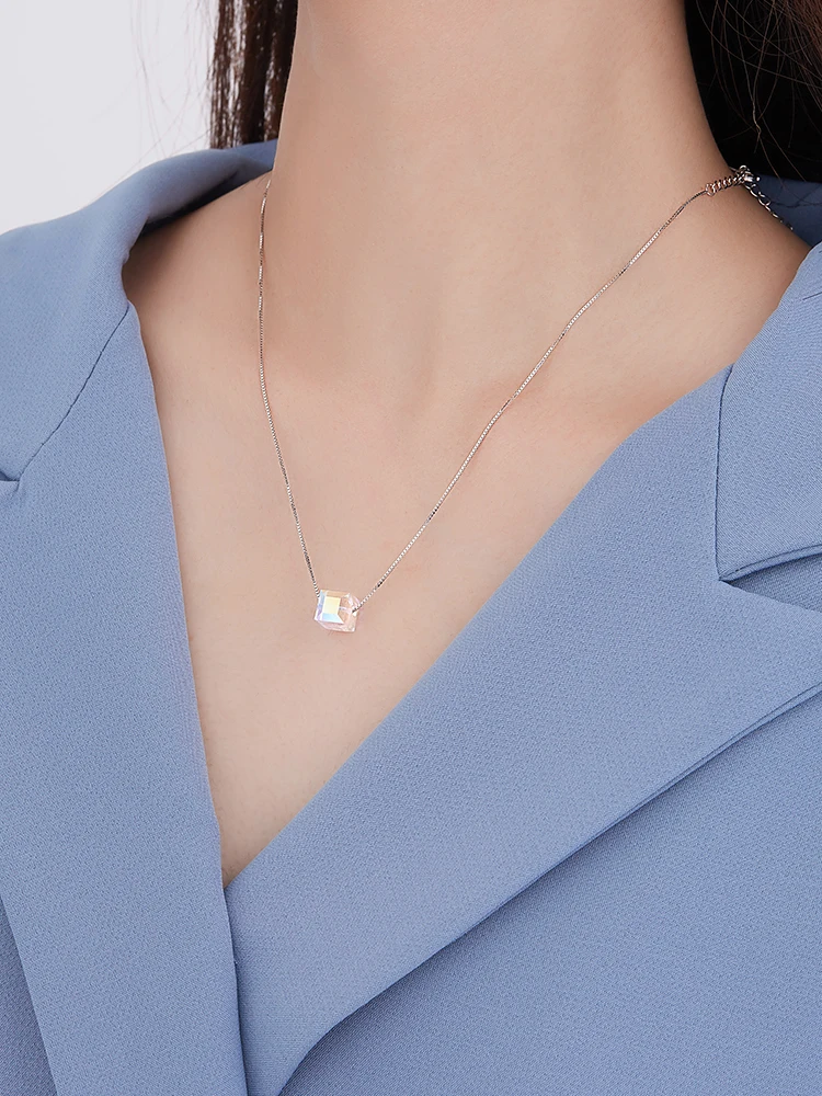

ZEMIOR 925 Sterling Silver Necklaces For Women Simple Square Colorful Austria Crystal Pendant Necklace Casual Fine Jewelry