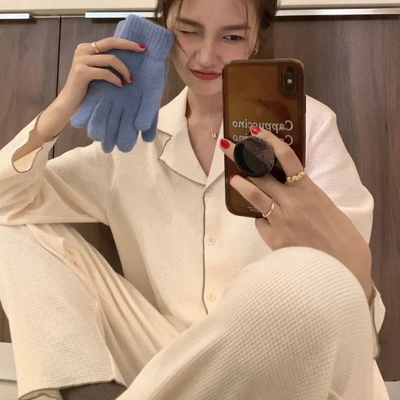 QWEEK Pijamas Women Apricot Green Pink Long Sleeve Trousers Plaid Pajamas Spring Autumn Sleepwear Kawaii Home Clothes Pyjamas