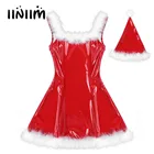 Женское нарядное платье деда мороза, Рождественский костюм, косплей, Клубная одежда, без рукавов, латексное белое перо, ТРАПЕЦИЕВИДНОЕ ПЛАТЬЕ со шляпой