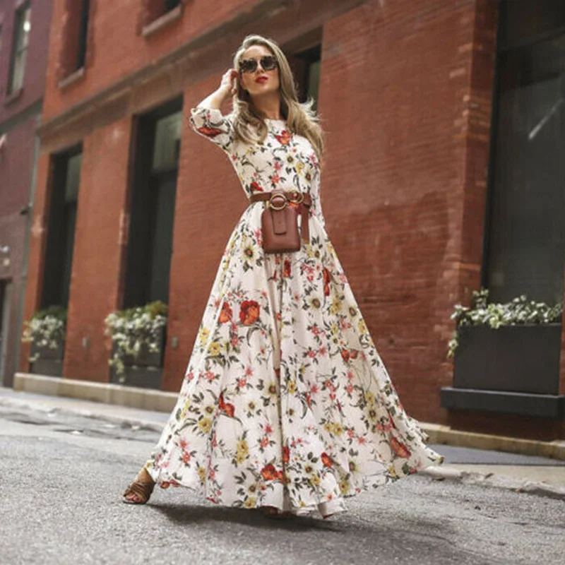 Новинка женское богемное длинное платье макси с цветочным принтом летнее