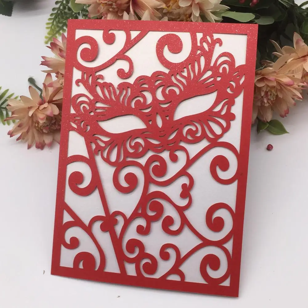 

100pcs 24Colors Pearl Paper Invitations CardsMask Pattern Design Invitations Card Vintage Style RSVP Card