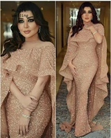 full sequins arabic evenig dresses with cape plus size mermaid gold prom dress 2020 bling floor length long formal dress dubai