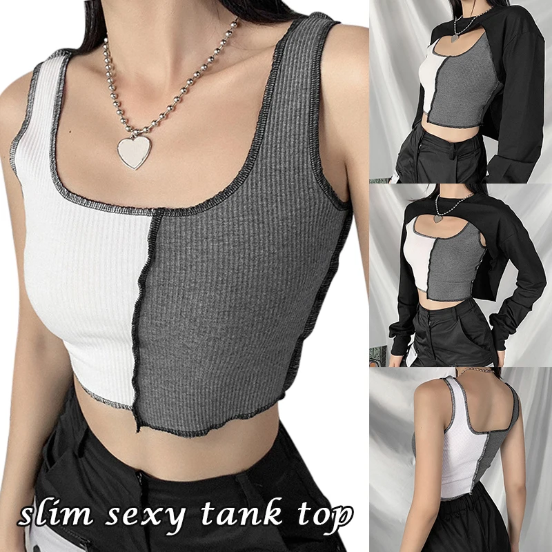 Оптовая продажа женской ребристые пэчворка без рукавов Повседневный Топ