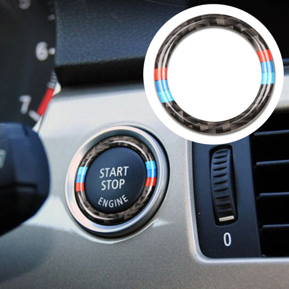 Car Carbon Fiber Engine Start Stop Push Button Ignition Key Ring Decor Trim | Automotive Interior Stickers