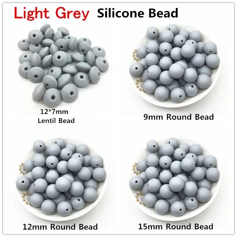 Chenkai 100pcs BPA Free Light Grey Silicone Abacus Lentil Beads DIY Round 9mm 12mm 15mm Baby Pacifier Teether Toy Accessories