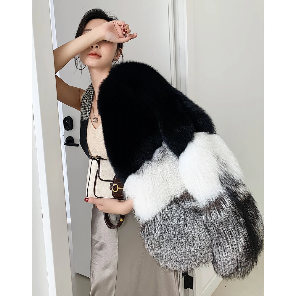 Luxury Women Natural Fox Fur Jacket Round Collar Fashion Color Patchwork Genuine Fox Fur Coats Female Thick Warm Fur Overcoats