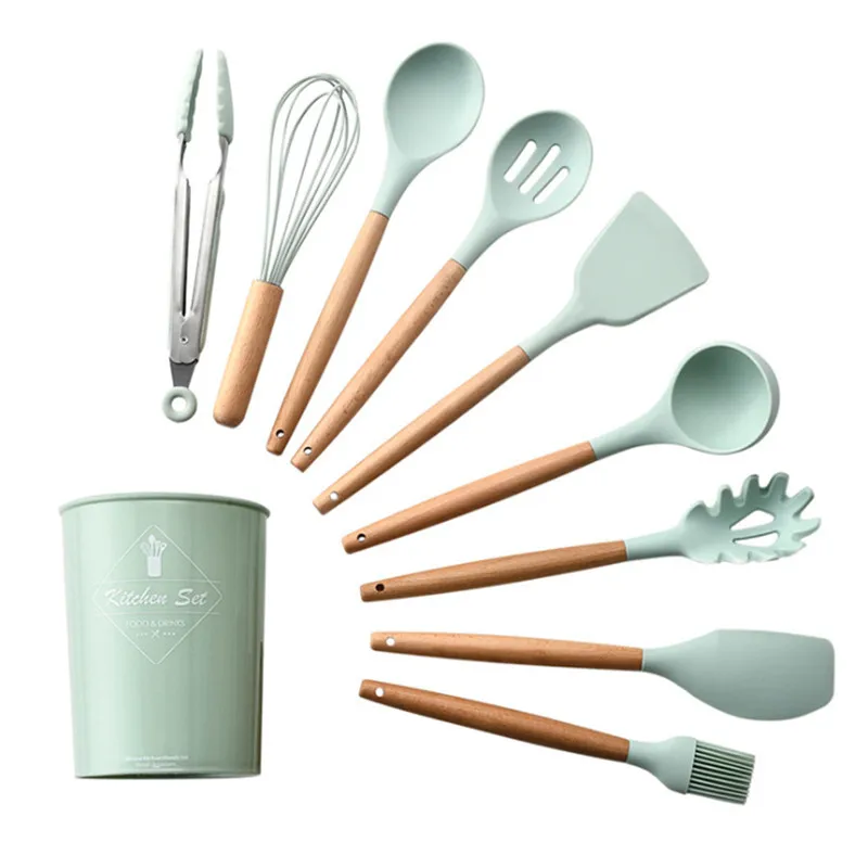 9/10/12PCS Silicone Cooking Utensils Set Non-stick Spatula Shovel Wooden Handle Tools With Storage Box Kitchen | Дом и сад