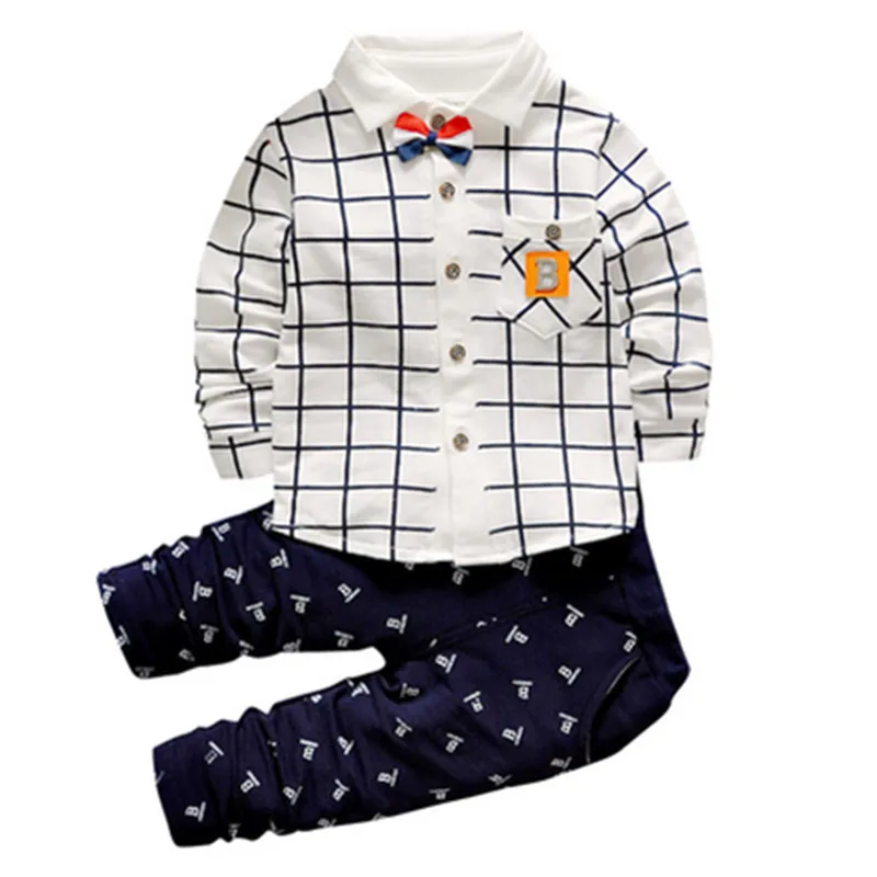 Boys Set Autumn Plaid Long Sleeve Shirt Pants 2 Piece Letter B Gentleman Bow Children's Clothing Suit K1 |