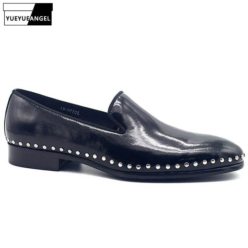 

Brand Genuine Leather Loafers Handmade Black Slip On Rivet Formal Dress Shoes Men Summer British Pointed Toe Office Flats Shoes