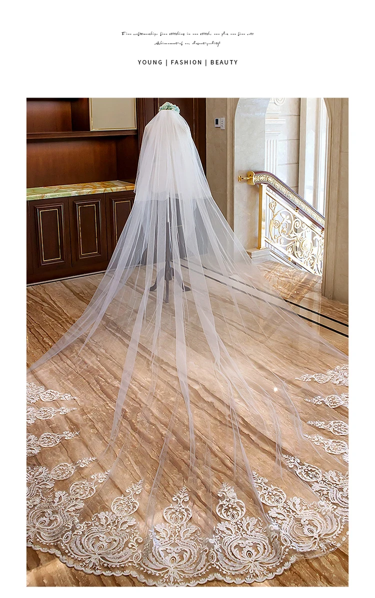Фата свадебная Длинная с аппликацией романтическая двухслойная расческой