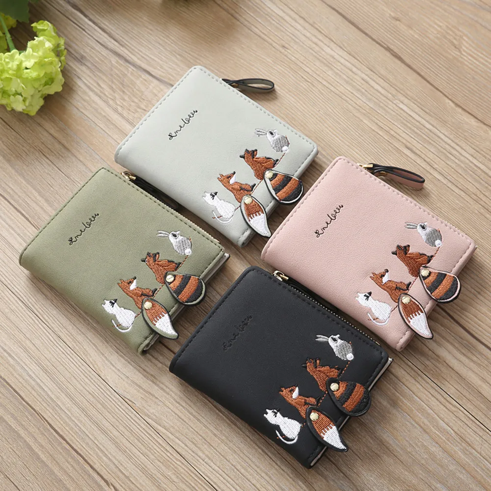 

Women's Cute Animals Embroidery Short Wallet Card Holder Billfold Pursecartera Mujer Leisure Purse Pockets Bolsa Feminina