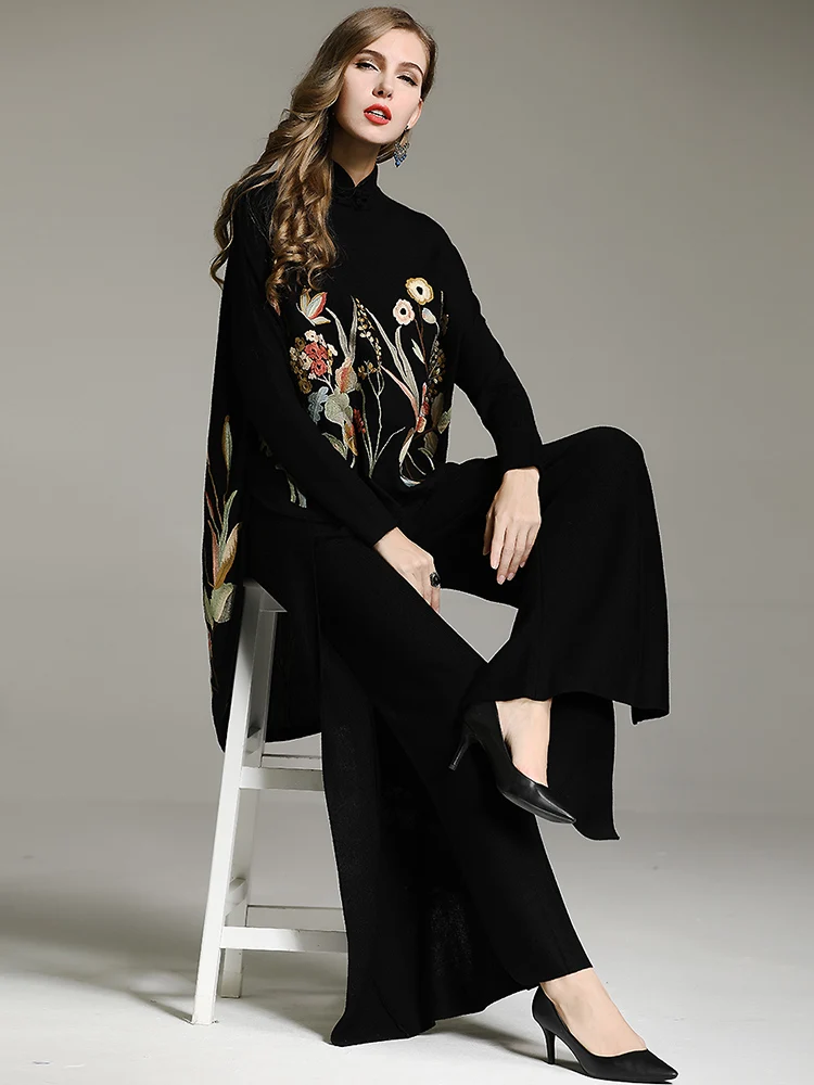Top Grade Designer Clothing Sets 2019 Autumn Winter Knitwear Women Luxurious Embroidery Sweaters+Wide Leg Knitted Pants Sets XXL