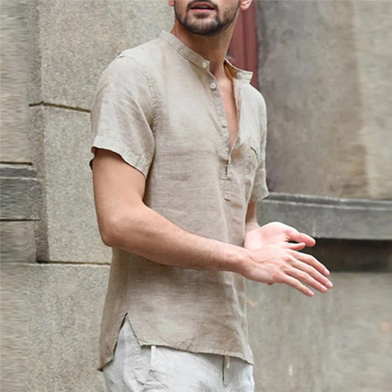 Мужская мешковатая футболка из хлопка и льна Однотонная с коротким рукавом в