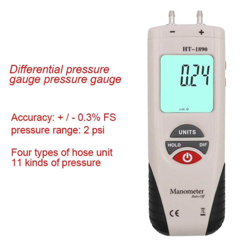 

HT-1890 Digital Manometer, Dual Port Air Pressure Meter Pressure Gauge Gas Teste Dropshipping