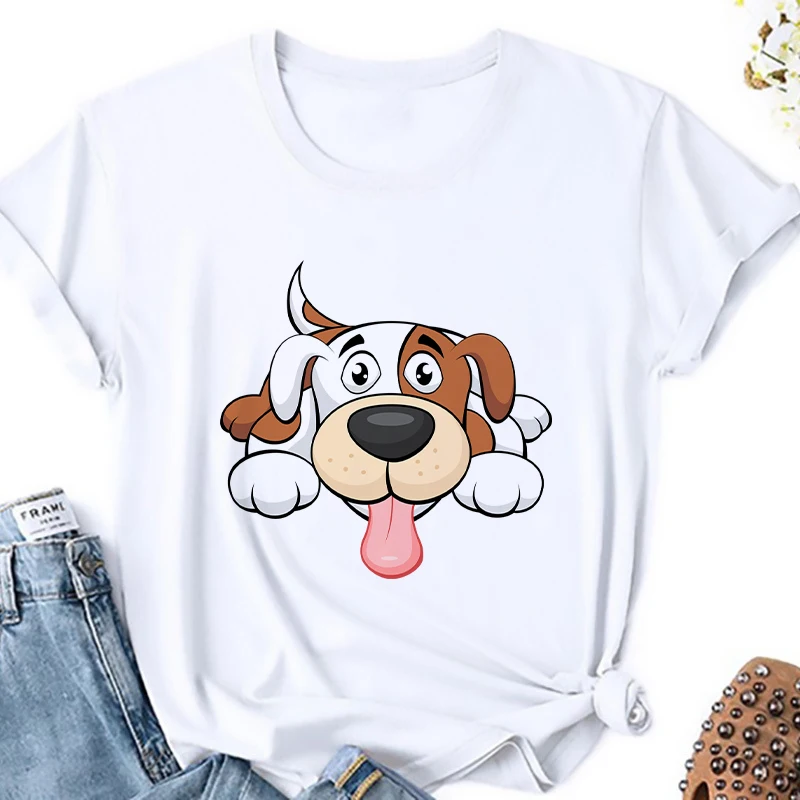 

Tshirt Women O-Neck White Tops Tee female T Shirt Harajuku Casual Cartoon Dog Print Creative Fashion Graphic Female T-shirt