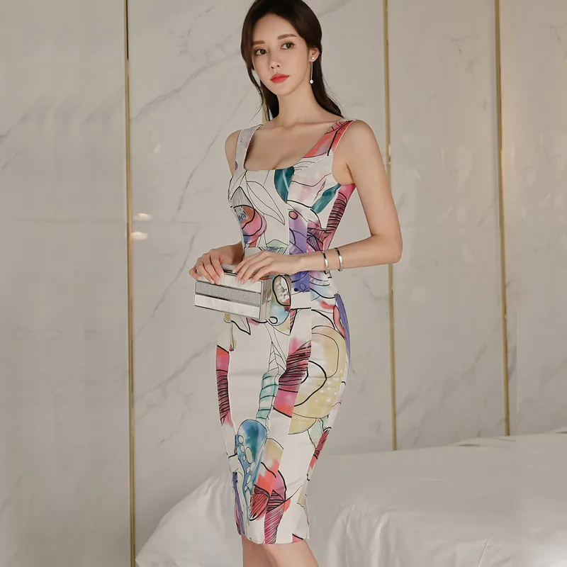 

Print Knee-length Sexy Women Dress Summer Boho Backless Sheath Pencil Bodycon Dresses Sleeveless Midi Tank Vestidos TA7754