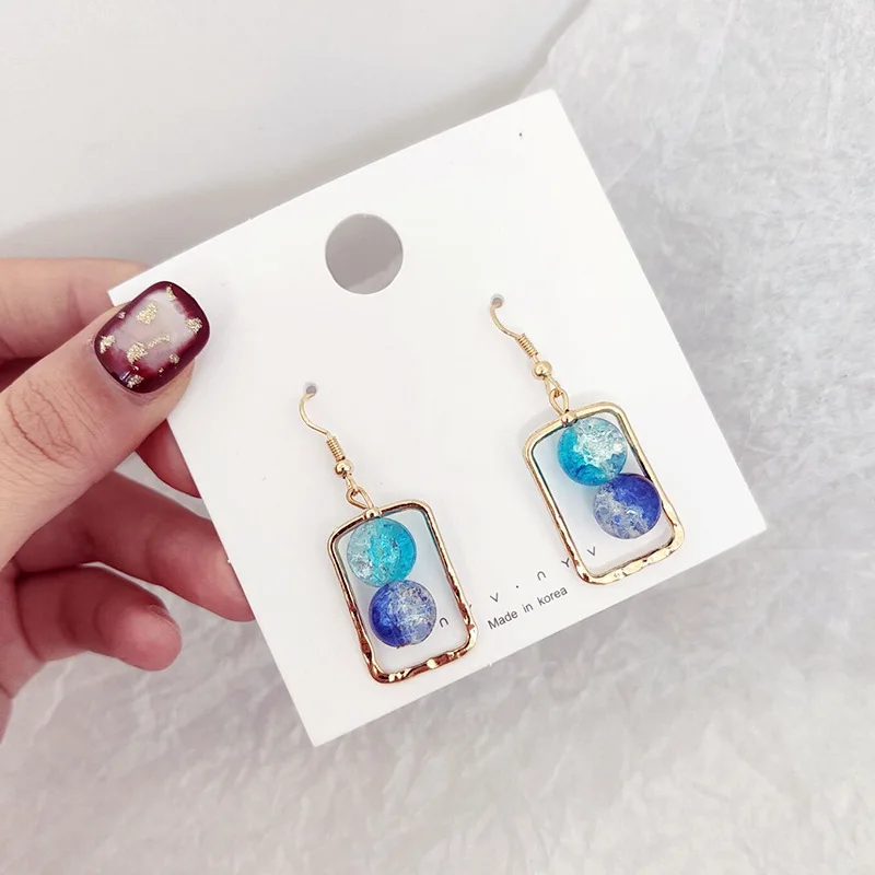 Новые серьги корейской версии синие стеклянные бусины длинные градиентные из