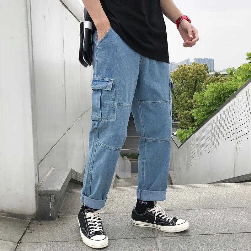 Модные мужские джинсы с карманами однотонные свободные повседневные до