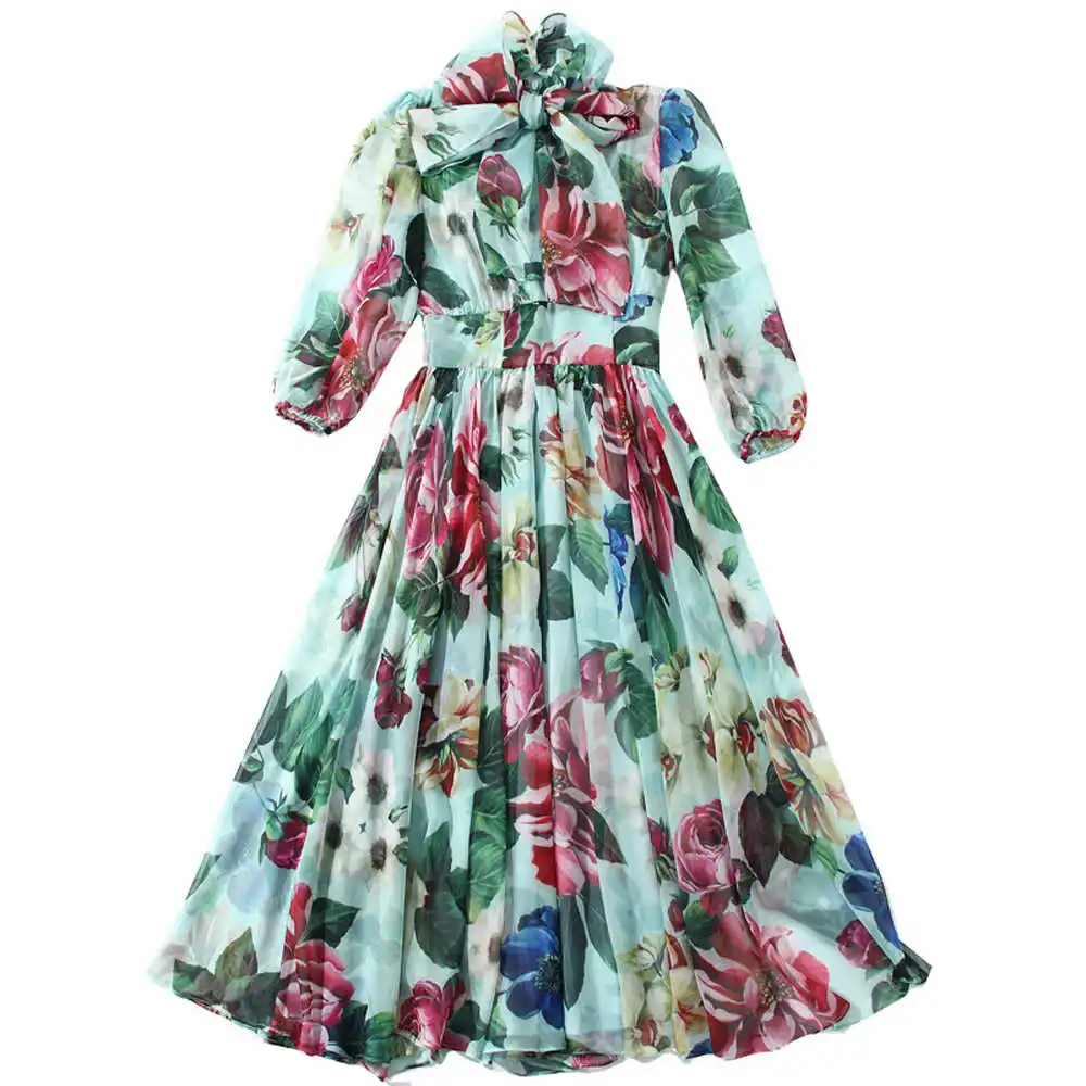 

Женское шифоновое платье с бантом на воротнике, элегантное платье для отпуска с цветочным принтом роз, весна-лето